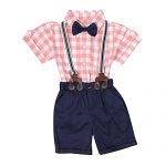 Toddler Baby Boys Gentleman Outfits Short Sleeve T-Shirt+Bib Pants+Bow Tie 3Pcs (3-4 Years(Tag 110), Plaid Pink)