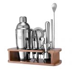 KITESSENSU Cocktail Shaker Set Bartender Kit with Stand | Bar Kit Drink Mixer Set with All Essential Bar Accessory Tools: Martini Shaker, Jigger, Strainer, Mixer Spoon, Muddler, Liquor Pourer, Silver