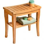 Bamboo Shower Bench Spa Stool – Wood 2-Tier Seat, Foot Rest Shaving Stool with Non-Slip Feet + Storage Shelf, Organizer for Shampoo, Towels Shoes – for Bathroom, Living Room, Bedroom and Garden Decor