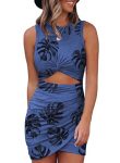 FIYOTE Women’s Hollow Out Twist Bodycon Dress Leaf Royal Blue Slim Stretch Club Party Sexy Mini Dress for Ladies Small