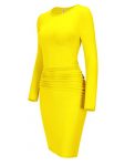 Laughido Women’s Long Sleeve Bodycon Ruched Knee Length Sheath T Shirt Dress (Yellow, X-Large)