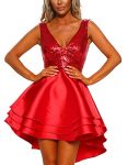 Lrady Women’s Sequin Glitter V Neck Skater Mini Club Cocktail Party Swing Dress, Red, Large