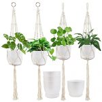 4 Pack Macrame Plant Hangers with Pots, ZOUTOG Hanging Planter with Pots and Tray Include, Hanging Planter Holder for Indoor Outdoor Boho Home Decor