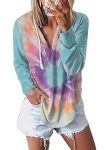 Kirundo 2020 Women’s Deep V Neck Hoodie Long Sleeves Solid Color Drawstring Belt Sweatshirt Loose Tops Blouses (Small, Tie Dye-Blue)