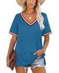 Short Sleeve T Shirts for Women V Neck Tshirts Blue Tops L