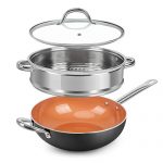 SHINEURI Nonstick Copper Wok and Stir Fry Pan with Lid, Copper Nonstick Wok Ceramic Wok Copper Pan with Lid Copper Skillet with Lid, Induction Compatible – 12 Inch Wok Pan with Lid & Steamer Basket