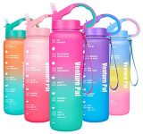 Venture Pal 32oz Leakproof BPA Free Water Bottle with Motivational Time Marker & Straw to Ensure You Drink Enough Water Daily for Fitness Gym Outdoor Sports Activity-Light Pink/Green Gradient