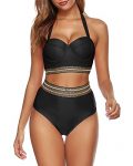 Urchics Womens Retro Halter Two Piece Bikini Set High Waist Swimsuit Bathing Suit Black M