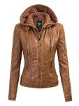 Lock and Love LL WJC1044 Womens Faux Leather Quilted Motorcycle Jacket with Hoodie XS Camel