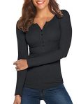Tobrief Women’s Henley Shirts Long Sleeve V Neck Ribbed Button Knit Sweater Solid Color Tops (M, Black)