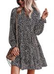 KIRUNDO Women’s Long Sleeve Tie Neck Ruffle Floral Print Boho Dresses Casual Loose Pleated Swing Mini Dress (Leopard-Black, Small)