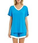 IZZY TOBY Pajamas for Women Shorts Set Short Sleeve Pajama Set Pjs Lounge Sets Blue L