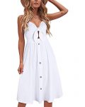 VOTEPRETTY Womens Summer Sundress V Neck Tie Front Spaghetti Strap Beach Dresses with Pockets (White,M)