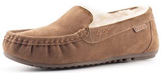 Parfeying Women’s Sheepskin Moccasin Slippers Cow Suede Memory Foam Driving Style Indoor Outdoor Loafers,L20102 Chestnut 9.5US