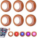 Under Cabinet Lights Wireless Closet Lights, 16 Color Changing LED Puck Lights Battery Operated , Dimmable Wooden Puck Lights with Remote & Timing for Kitchen Cabinet and Closet (Light Wood)