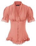 Women Victorian Puff Sleeve Tops Vintage V Neck Button Down Blouse Pink M