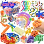 BASTON 36-Piece Fidget Toy Set – Bulk Pack of Sensory Toys & Party Favors for Kids, Girls, Boys, Adults – Cool Games for Stress Relief, Calm Mood – Collection with Plastic Box & 2 Sets of Stickers