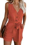 Adibosy Women’s V Neck Jumpsuits Casual Sleeveless Romper Button Up Front Tie Knot Solid Short Jumpsuit Rompers Brick Red XL