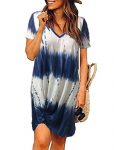 Women’s Summer Casual Floral Printed Ombre T Shirt Dress Short Sleeve Knot Tunic Dress M Blue Floral