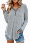 Lacozy Women Classic Button Down Shirts Scoop Neck Ribbed Tank Tops Color Block Long Sleeve High Low Hem Sweater Gray X-Large