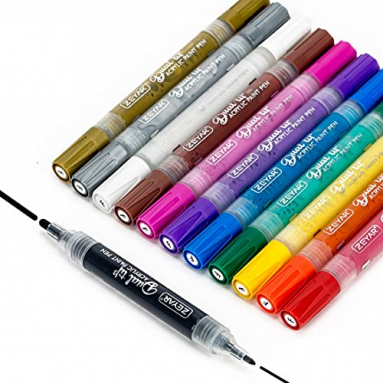ZEYAR Dual Tip Paint Pens, Medium Tip and Extra Fine Tip, Water Based Acrylic & Waterproof Ink, Assorted Colors, Works on Rock, Wood, Glass, Metal, Ceramic and More, Patented Product (12 Colors)
