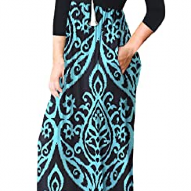 OURS Women’s Bohemian 3/4 Sleeve Floral Long Dresses Empire Waist Maxi Dresses with Pockets (Blue, XL)